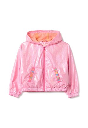 Veste à capuche pour enfants rose brillante avec fermeture éclair à l'avant, poignets et ourlet élastiques, et textes colorés "LOVE" et "THERAPY" sur les poches.