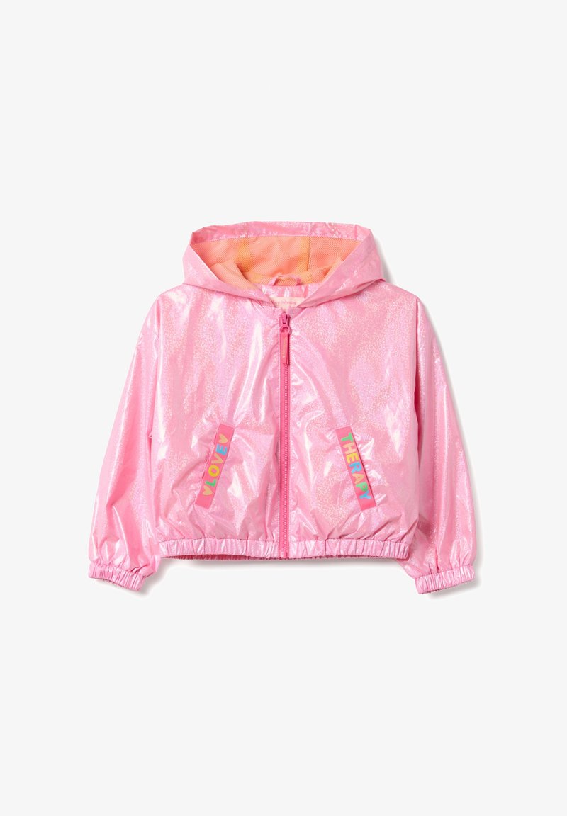 Pink glänzende Kinder-Kapuzensweatjacke mit Frontreißverschluss, elastischen Bündchen und Saum sowie buntem "LOVE"- und "THERAPY"-Schriftzug auf den Taschen.