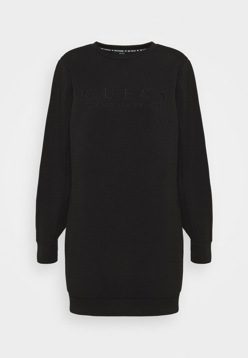 Robe sweat-shirt noire à manches longues avec poignets côtelés et logo "GUESS Established 1981" embossé sur le devant.
