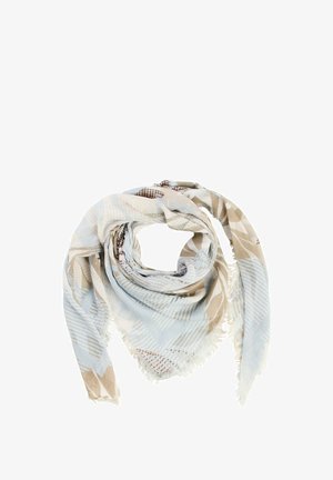 Leichter Schal mit abstrakten Mustern in Beige, Braun und Blau, locker gerollt mit ausgefransten Kanten.