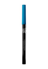 Crayon eyeliner à capuchon bleu avec un corps noir. Présente un texte de marque en argent et des éléments de design graphique le long de sa longueur.