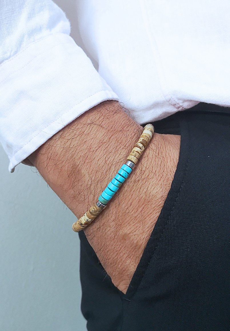SIXTY STONES Bracciale Heishi In Pietre Naturali - Turchese, Diaspro Verde E Blu - Realizzato A Mano, Taglia Unica