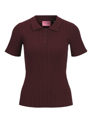 Bordeaux-farbenes kurzärmeliges geripptes Poloshirt mit vier Knöpfen und spitzem Kragen, taillierte Passform und JJXX-Label in Rosa im Kragen.