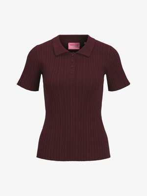 Burgundy short-sleeve ribbed polo shirt with four buttons and a pointed collar, fitted waist, and JJXX pink label inside collar.