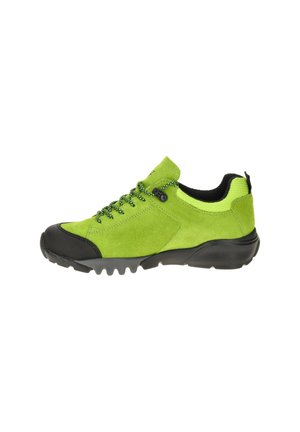 Niedriger grüner Wildleder-Sneaker mit schwarzer Zehenkappe, schwarzen und grünen Schnürsenkeln und schwarzer Sohle, seitlich auf weißem Hintergrund gezeigt.