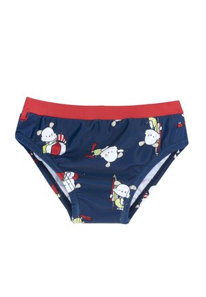 Slip da nuoto blu navy con cintura elastica rossa, caratterizzato da un motivo a cartoni animati di orsi in costume da bagno che tengono oggetti da spiaggia. Tessuto morbido e leggero.