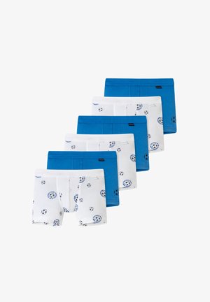 Sei paia di boxer in cotone blu e bianchi; due paia bianchi con motivi di palloni da calcio e quattro paia blu uniformi.