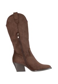 Brun ruskind midt på læggen cowboystøvle med sidelås, spids tå, trækketag og stablet blokhæl.