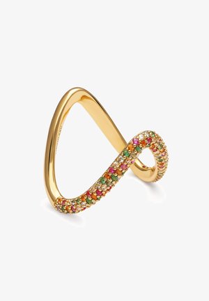 Pulsera de tono dorado con forma de infinito, adornada con gemas multicolores en rosa, verde y naranja, con un acabado metálico liso.