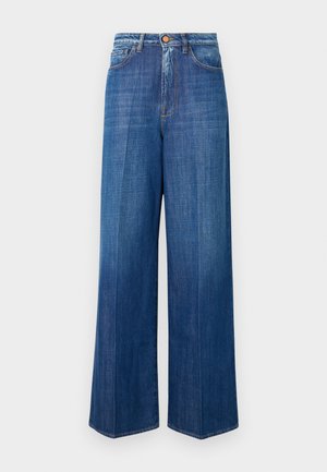 Jeans w szerokich nogawkach w ciemnoniebieskim kolorze, z wysokim stanem, zapięciem na guzik i klasycznym przeszyciem. Gładka faktura z lekkim wyblaknięciem.