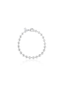 Bracciale in argento con una serie di perle tonde lucidate e chiusura a moschettone. Texture liscia, dimensione uniforme delle perle e lucentezza.