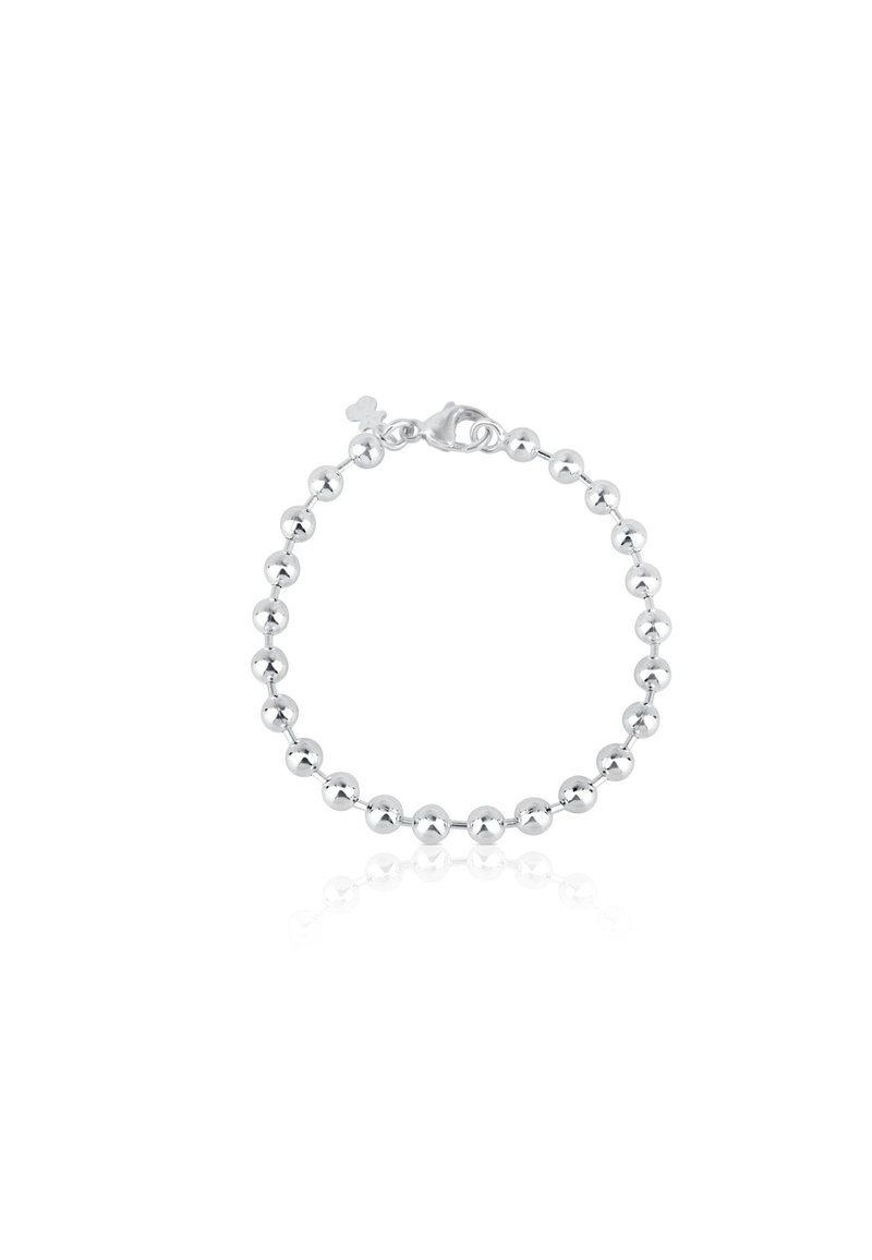 Bracciale in argento con una serie di perle tonde lucidate e chiusura a moschettone. Texture liscia, dimensione uniforme delle perle e lucentezza.