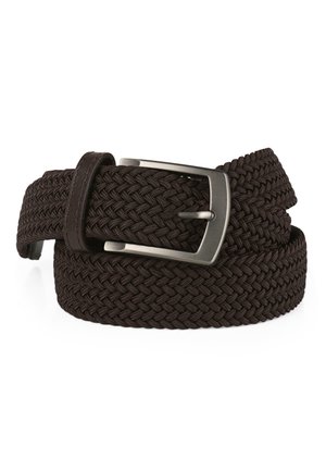 Cinturón trenzado de color marrón oscuro hecho de tejido trenzado, que presenta una hebilla de metal tono plateado con un solo gancho y un borde de cuero suave.