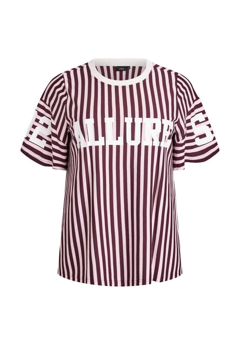 T-shirt w paski w kolorze maroon i jasnoróżowym, z krótkim rękawem, z wyraźnym białym napisem "ALLURE" oraz numerem "22" na rękawie.