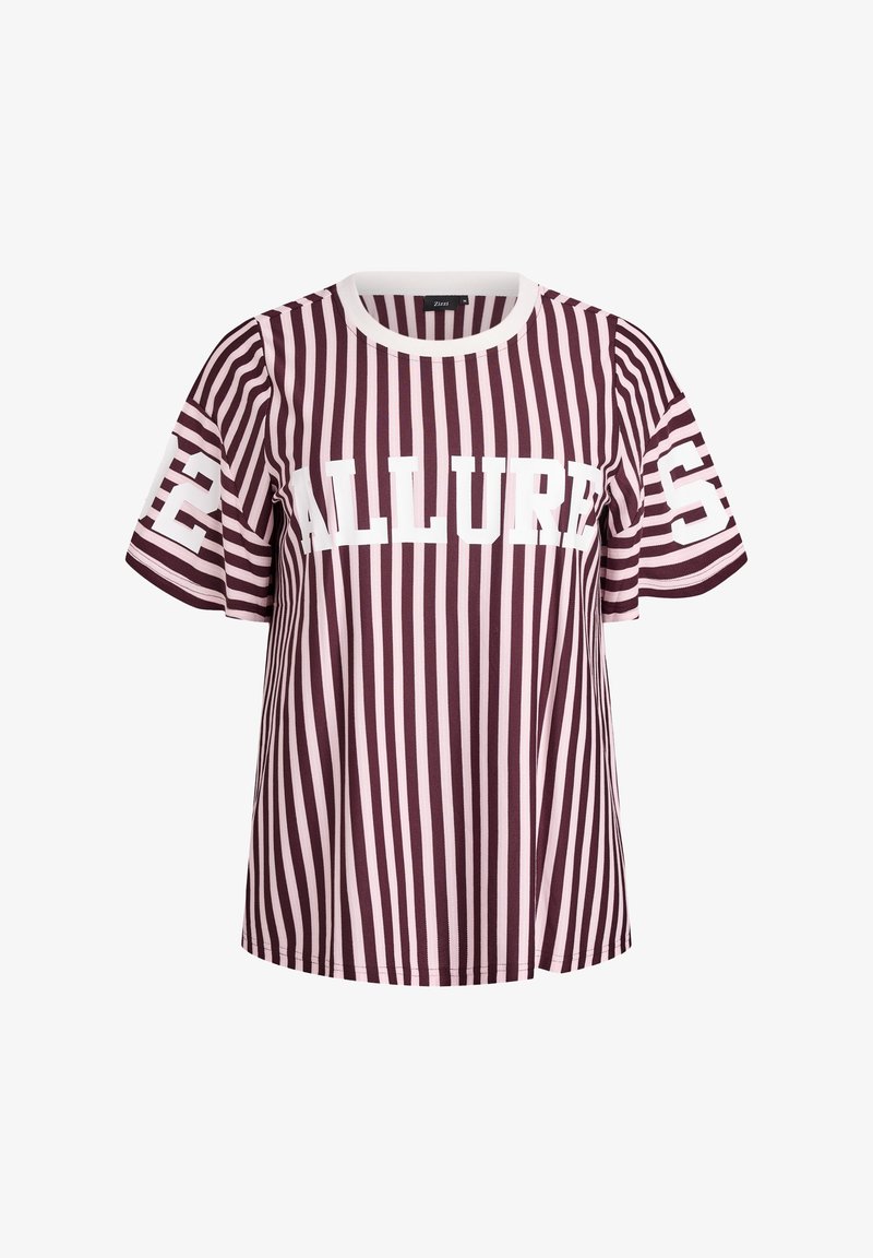 T-shirt w paski w kolorze maroon i jasnoróżowym, z krótkim rękawem, z wyraźnym białym napisem "ALLURE" oraz numerem "22" na rękawie.