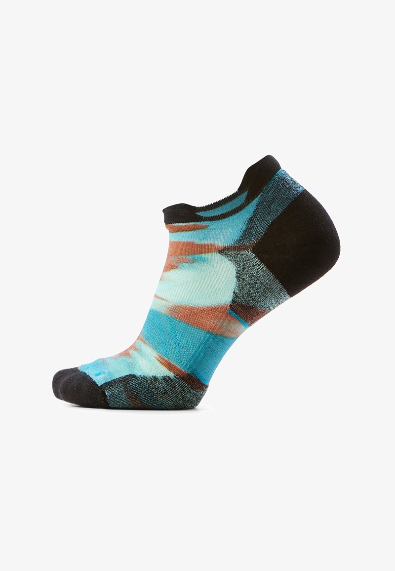 Low-cut athletic sock with black heel and toe, featuring a blue, brown, and light teal abstract pattern.