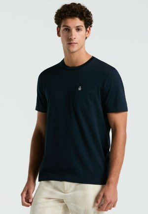 Navy blue short-sleeve t-shirt in a smooth fabric, featuring a chest pocket with a small logo detail. Simple crew neck design.