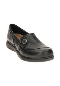 Schwarzer Leder-Slipper mit strukturiertem Obermaterial, runder Zehenpartie und dekorativem Knopf-Akzent. Weiche Sohle für Komfort und Flexibilität.