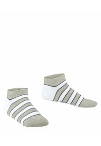 Białe skarpety nocne z szarymi i czarnymi paskami, wzmocnionym palcem i żeberkowym wykończeniem. Wykonane z miękkiego, elastycznego materiału dla wygody.
