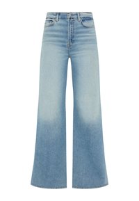 Helle blaue weit geschnittene Jeans aus Denim, mit hoher Taille, verblasster Färbung und leicht ausgefranstem Saum.