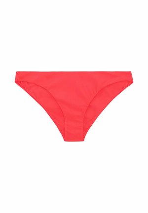 Rote Damen-Bikinihose mit niedrigem Bund und schlichtem Design, flach auf weißem Hintergrund dargestellt.