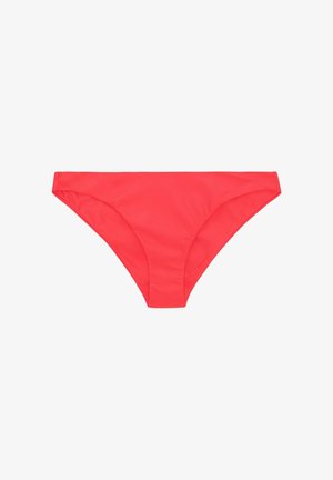 Rote Damen-Bikinihose mit niedrigem Bund und schlichtem Design, flach auf weißem Hintergrund dargestellt.