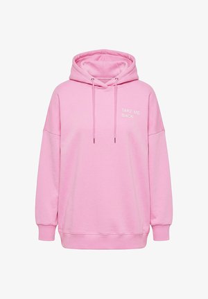 Pink hættetrøje med frontlomme og snører, med hvid tekst "TAKE ME BACK" på venstre bryst.