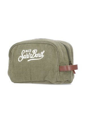 Borsa per il trucco in tessuto verde oliva con logo bianco "MC2 Saint Barth", manico laterale in pelle marrone e chiusura superiore con cerniera.