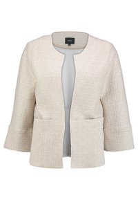 Světlé béžové zkrácené sako vyrobené z texturované látky, s rukávy až k loktům, otevřeným předním dílem a dvěma předními kapsami.