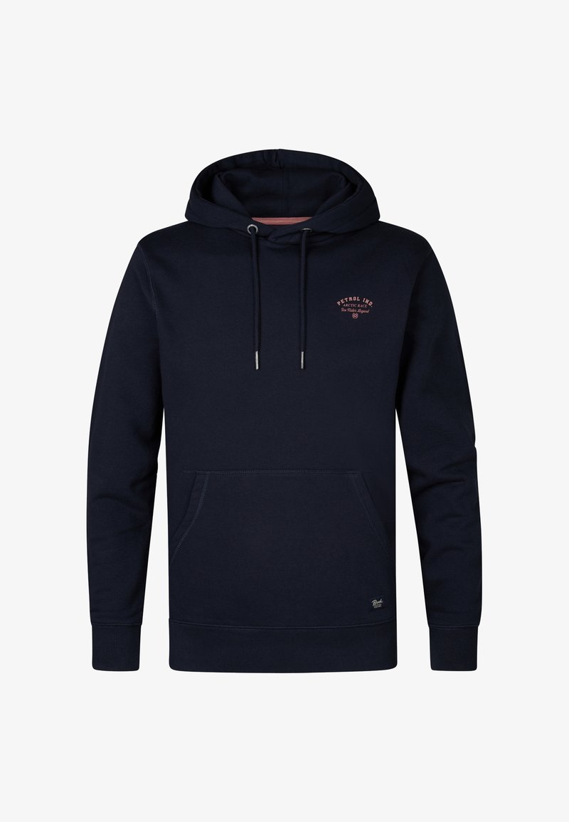 Sudadera de color azul marino fabricada con material de forro polar, con un bolsillo frontal, capucha ajustable con cordones y un pequeño detalle de logo en el pecho.