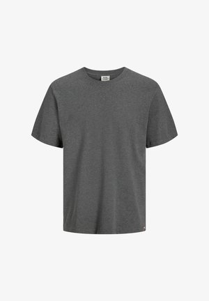 Pilkas trumpas rankovės marškinėlis, pagamintas iš minkštos medvilnės, su apvalia iškirpte ir mažu logotipu apatinėje pusėje. Paprastas dizainas, be raštų.