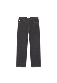 Mørke denimbukser med rett benpassform, fem-lomme-design og kontrasterende søm. Utstyrt med metallhardware i midjen og lommene.