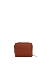 Portafoglio in pelle marrone con zip, finitura testurizzata, forma rettangolare e zip in oro. Design semplice e funzionale.