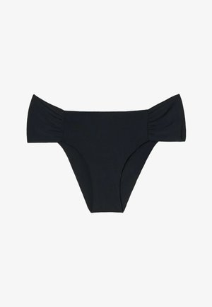 Black bikini bottom featuring gathered side accents, a smooth texture, and a low-rise cut. Simple and versatile design suitable for swimwear.