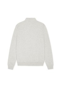 Ανοιχτό γκρι βαμβακερό πουλόβερ με γιακά, μακριά μανίκια και ριμπ μανσέτες και τελείωμα. Λείο ύφασμα με casual, εφαρμοστή σχεδίαση.