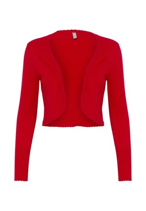 Cardigan roșu, scurt, cu mâneci lungi. Material tricotat cu margini ondulate la partea din față și la tivurile mânecilor. Design cu deschidere în față.
