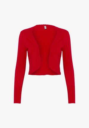 Cardigan roșu, scurt, cu mâneci lungi. Material tricotat cu margini ondulate la partea din față și la tivurile mânecilor. Design cu deschidere în față.