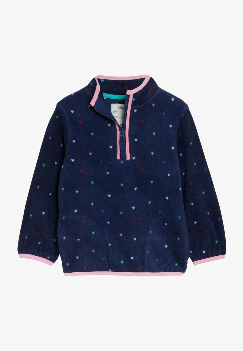 Pull polaire bleu marine pour enfants avec petits motifs de cœurs multicolores, bordure rose, fermeture éclair à moitié sur le devant et manches longues avec poignets élastiqués.