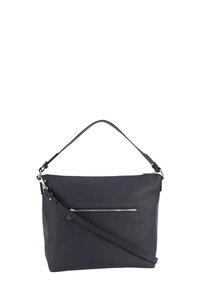 Borsa a mano in pelle blu navy, forma rettangolare, con manico superiore e tracolla regolabile. Tasca frontale con zip; superficie testurizzata.