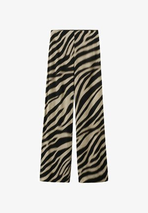 Spodnie o szerokich nogawkach z beżowo-czarnym wzorem w paski zebry, z płaskim pasem i bez widocznych kieszeni czy ozdób.