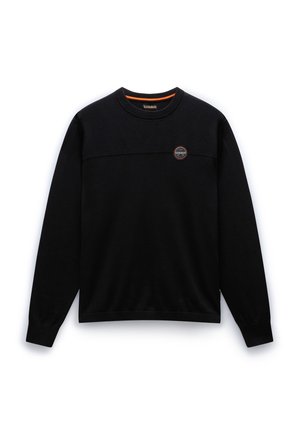 Zwarte sweatshirt met een textuur bovenpaneel, geribbelde manchetten en een ronde logo patch aan de voorkant. Heeft een oranje accent bij de halslijn.
