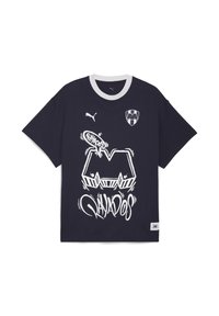 Camiseta de algodón negra con cuello redondo blanco. Estampado gráfico con "Rayados" en texto estilizado y un logo del club en el pecho.