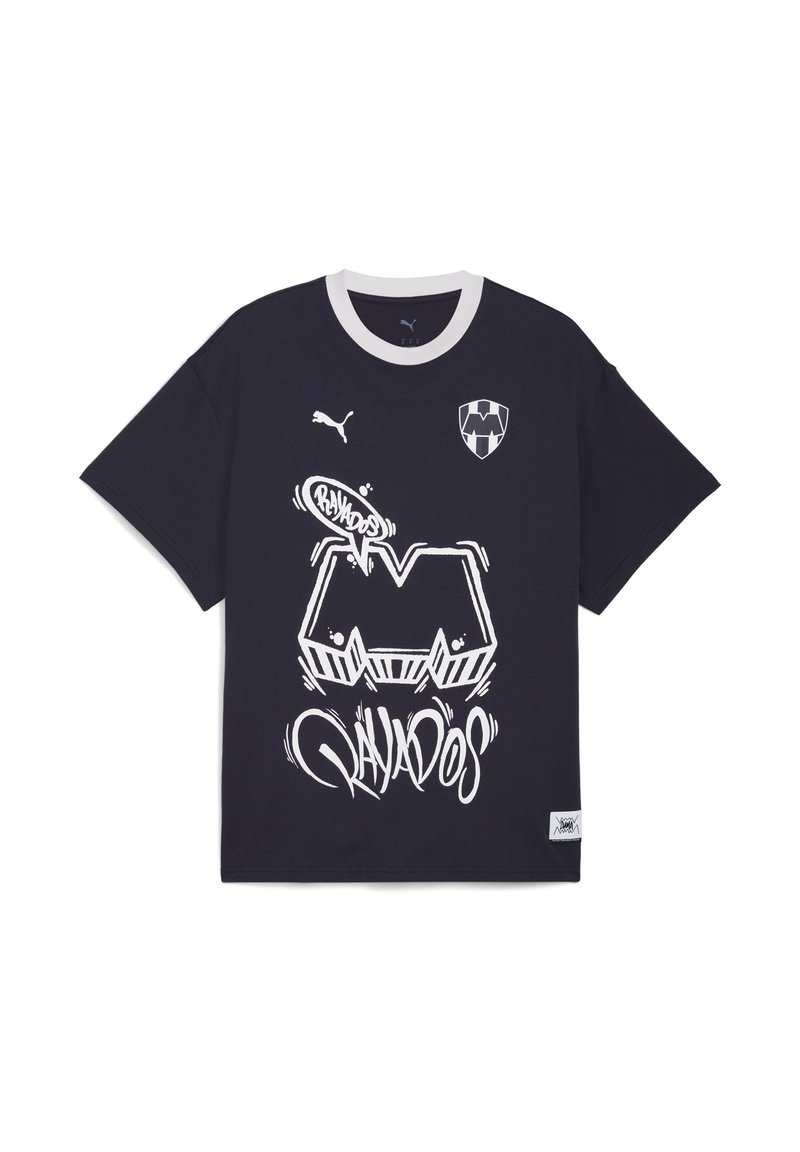 Camiseta de algodón negra con cuello redondo blanco. Estampado gráfico con "Rayados" en texto estilizado y un logo del club en el pecho.