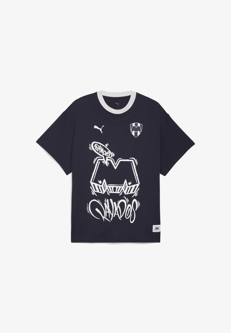 Svart bomull t-shirt med vit rundad halsringning. Grafisk tryck med "Rayados" i stiliserad text och en klubblogotyp på bröstet.