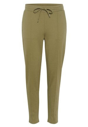Olijfgroene joggers gemaakt van zachte stof, met een trekkoord in de taille, taps toelopende benen en zijzakken met een gladde textuur.