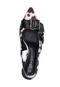 Pointed-toe shoe with a brown and white fur-like texture, black leather strap featuring a silver buckle, and open heel design.