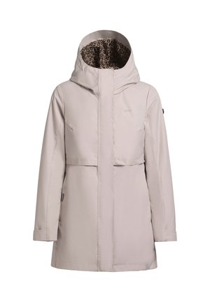 Hellbeige wasserdichte Jacke mit hohem Kragen, verdecktem Reißverschluss und zwei Fronttaschen; hat ein Leopardenmuster-Futter im Inneren der Kapuze.