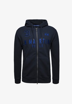 Navy blue zip-up hoodie made from soft fabric. Features a hood, front pockets, and embroidered text and logo in lighter blue.