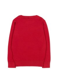 Maglione rosso con scollatura rotonda e polsini a costine. Texture morbida e design semplice, che presenta un colore uniforme senza alcun motivo.