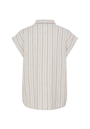 Bluză cu mâneci scurte și guler, cu dungi verticale subțiri maro și albastre pe un fundal alb, văzută din spate.